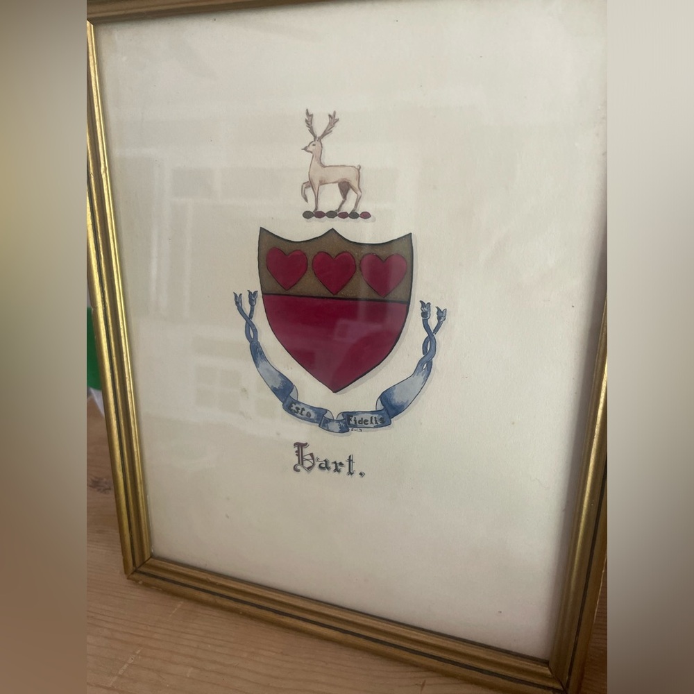 Vintage family crest. Original ink drawing. Valentine’s Day decor. Heart.  Deer